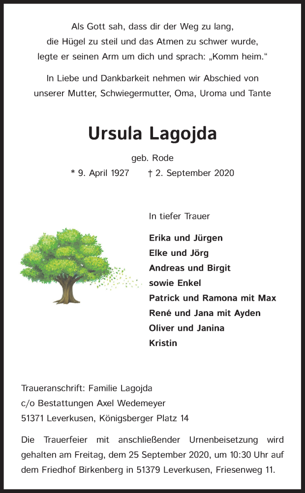  Traueranzeige für Ursula Lagojda vom 19.09.2020 aus Kölner Stadt-Anzeiger / Kölnische Rundschau / Express