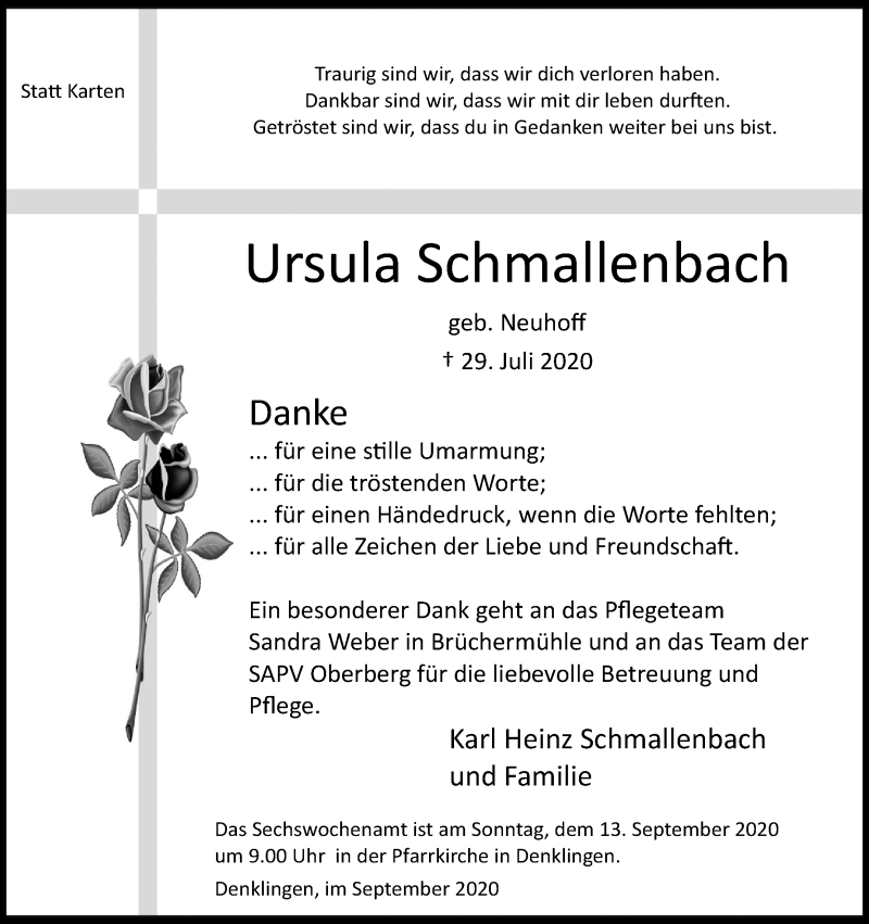  Traueranzeige für Ursula Schmallenbach vom 05.09.2020 aus Kölner Stadt-Anzeiger / Kölnische Rundschau / Express