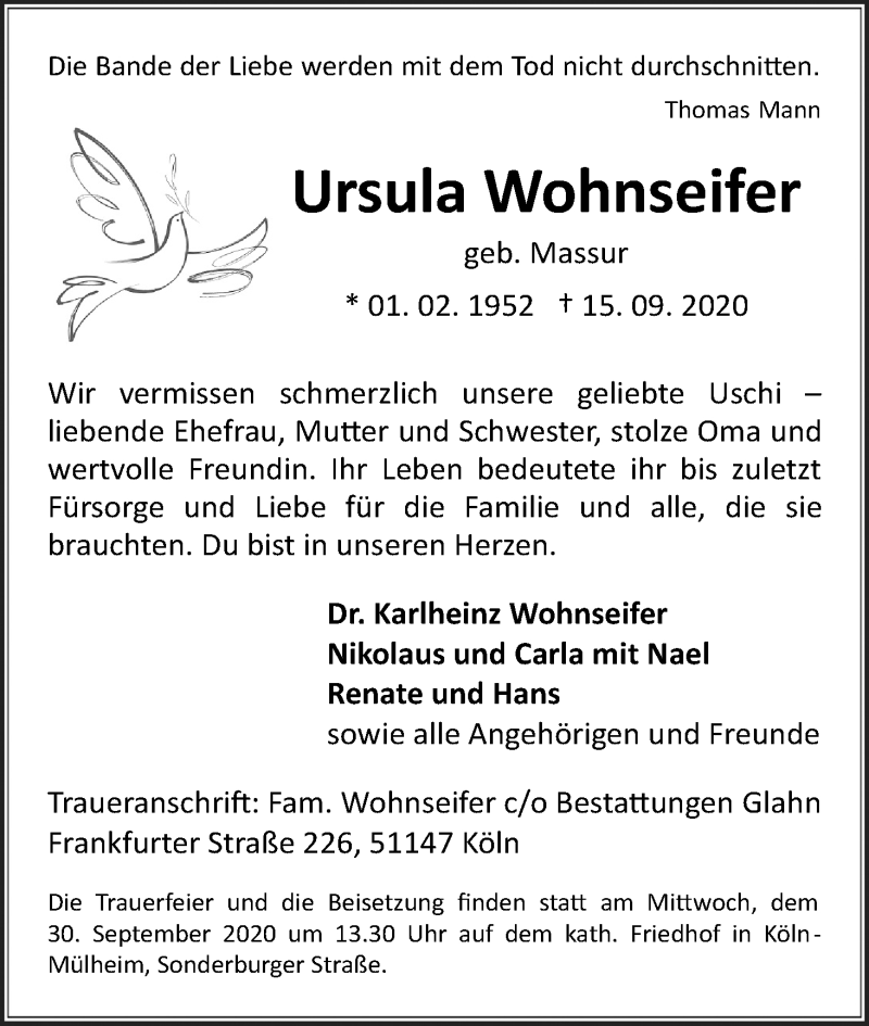  Traueranzeige für Ursula Wohnseifer vom 19.09.2020 aus Kölner Stadt-Anzeiger / Kölnische Rundschau / Express