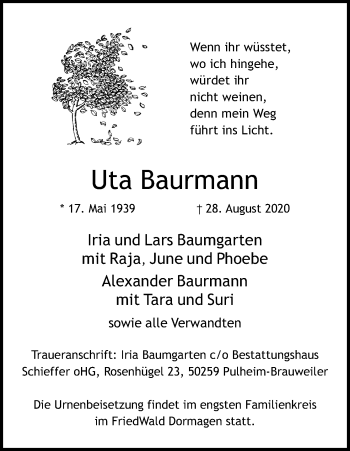 Anzeige von Uta Baurmann von Kölner Stadt-Anzeiger / Kölnische Rundschau / Express