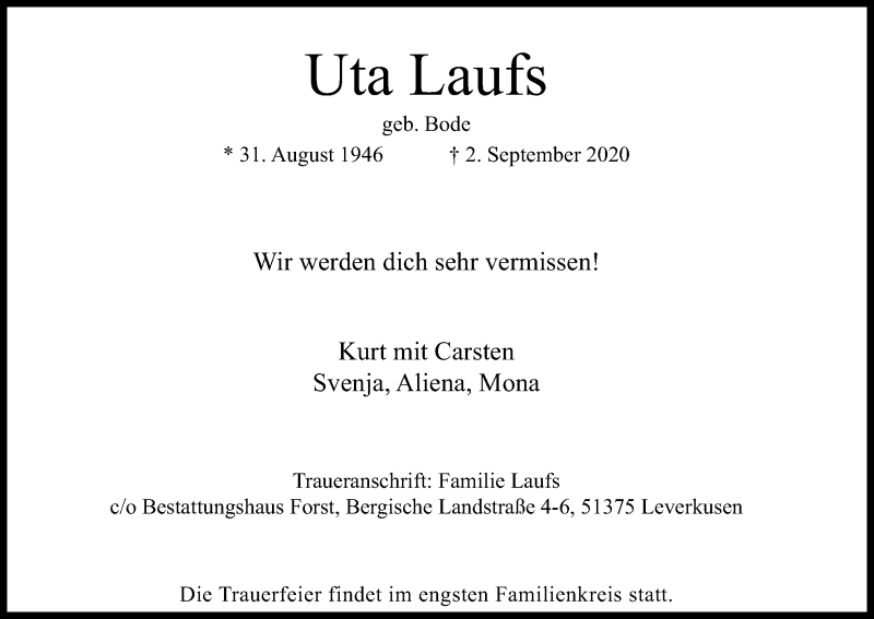  Traueranzeige für Uta Laufs vom 07.09.2020 aus Kölner Stadt-Anzeiger / Kölnische Rundschau / Express