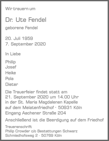 Anzeige von Ute Fendel von Kölner Stadt-Anzeiger / Kölnische Rundschau / Express