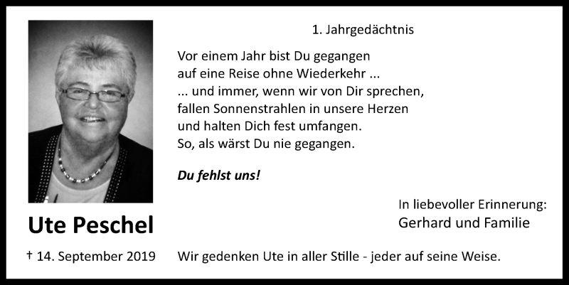  Traueranzeige für Ute Peschel vom 11.09.2020 aus  Kölner Wochenspiegel 