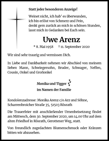 Anzeige von Uwe Arenz von Kölner Stadt-Anzeiger / Kölnische Rundschau / Express