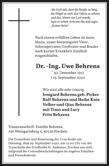 Anzeige von Uwe Behrens von  Wochenende 
