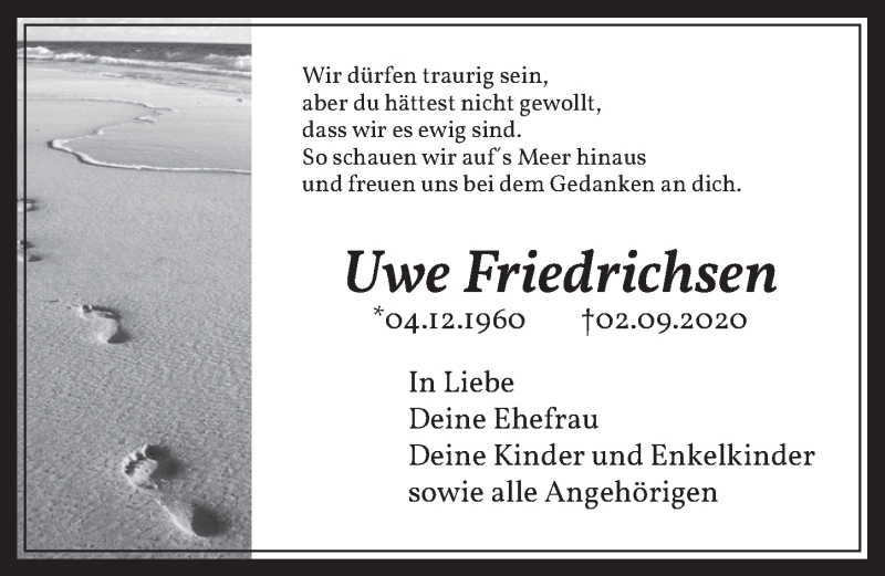  Traueranzeige für Uwe Friedrichsen vom 11.09.2020 aus  Werbepost 