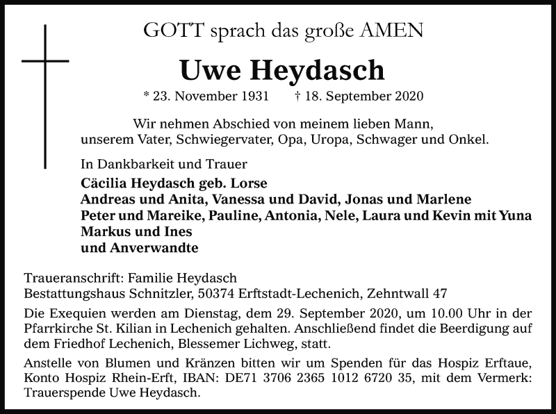  Traueranzeige für Uwe Heydasch vom 26.09.2020 aus Kölner Stadt-Anzeiger / Kölnische Rundschau / Express