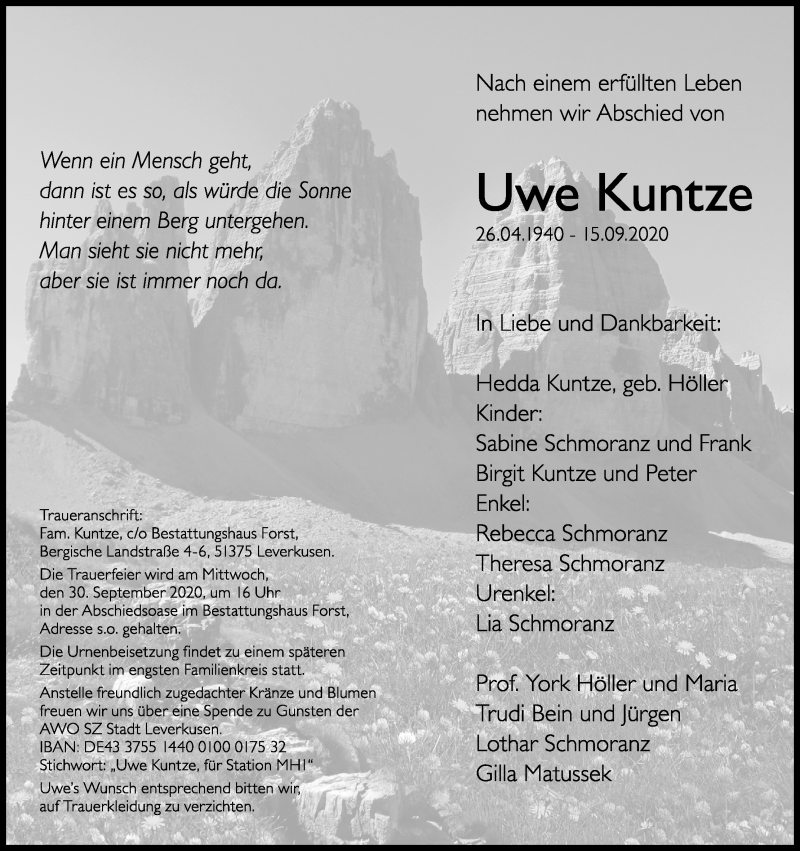  Traueranzeige für Uwe Kuntze vom 26.09.2020 aus Kölner Stadt-Anzeiger / Kölnische Rundschau / Express