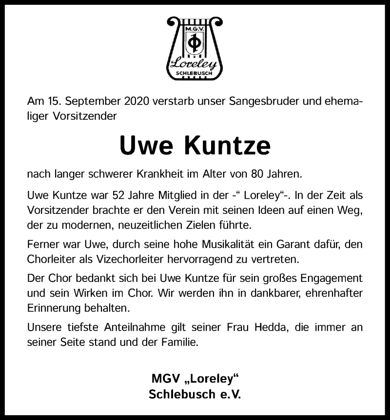  Traueranzeige für Uwe Kuntze vom 30.09.2020 aus Kölner Stadt-Anzeiger / Kölnische Rundschau / Express