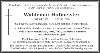 Anzeige von Waldemar Hofmeister von  Werbepost 