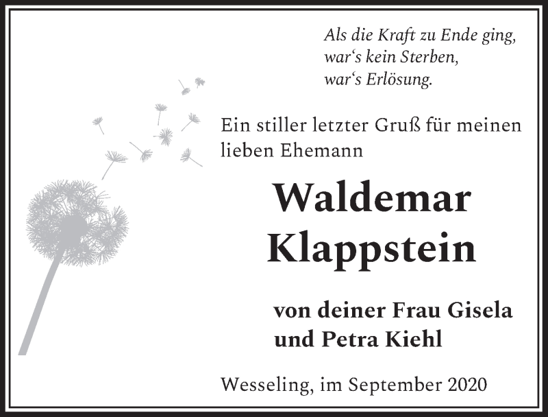  Traueranzeige für Waldemar Klappstein vom 11.09.2020 aus  Schlossbote/Werbekurier 