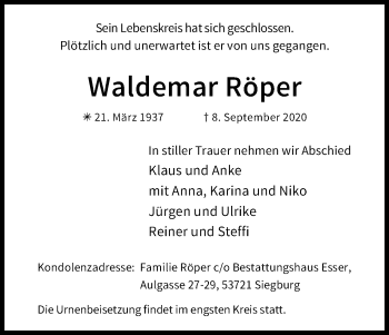 Anzeige von Waldemar Röper von Kölner Stadt-Anzeiger / Kölnische Rundschau / Express