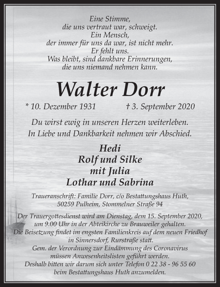  Traueranzeige für Walter Dorr vom 11.09.2020 aus  Wochenende 
