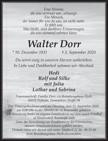 Anzeige von Walter Dorr von  Wochenende 
