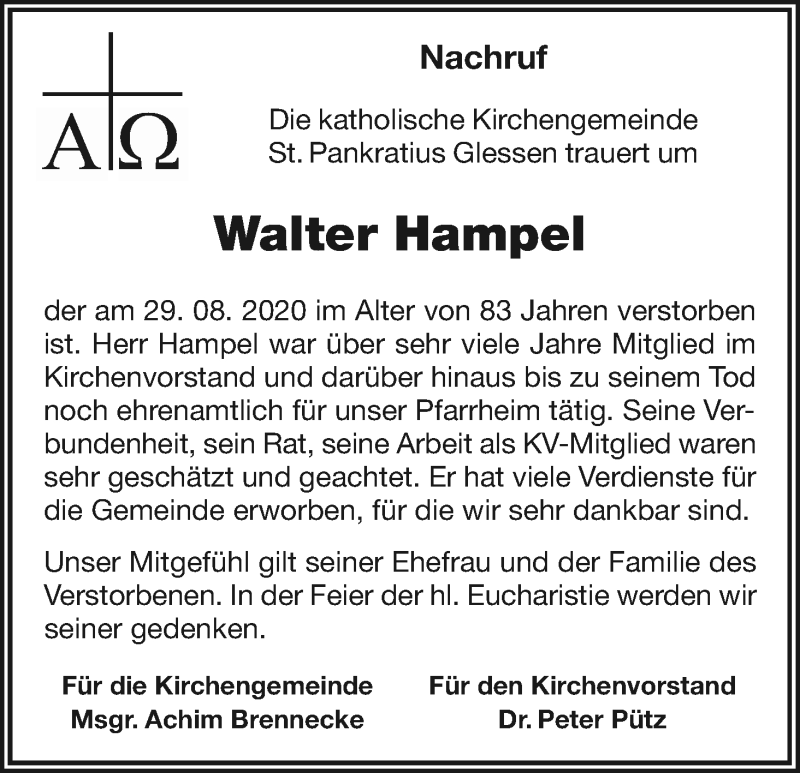  Traueranzeige für Walter Hampel vom 12.09.2020 aus Kölner Stadt-Anzeiger / Kölnische Rundschau / Express