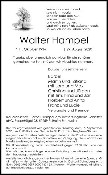 Anzeige von Walter Hampel von Kölner Stadt-Anzeiger / Kölnische Rundschau / Express