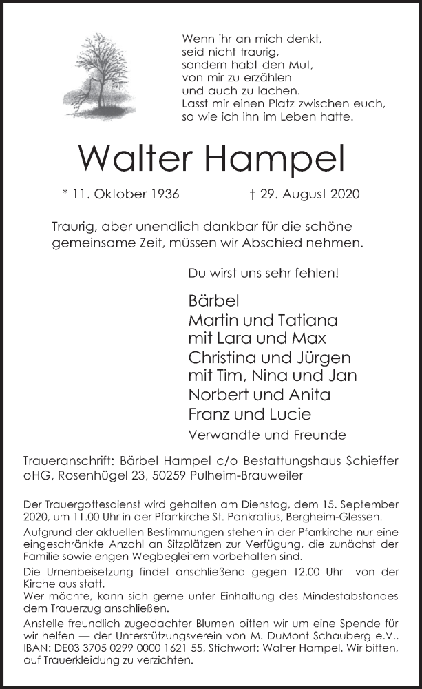  Traueranzeige für Walter Hampel vom 11.09.2020 aus  Werbepost 