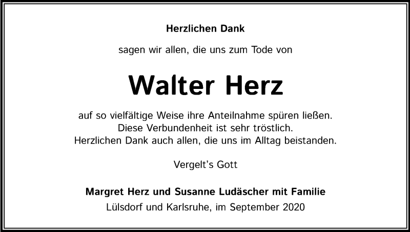  Traueranzeige für Walter Herz vom 12.09.2020 aus Kölner Stadt-Anzeiger / Kölnische Rundschau / Express