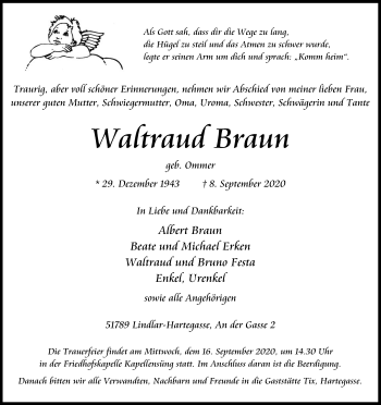 Anzeige von Waltraud Braun von Kölner Stadt-Anzeiger / Kölnische Rundschau / Express