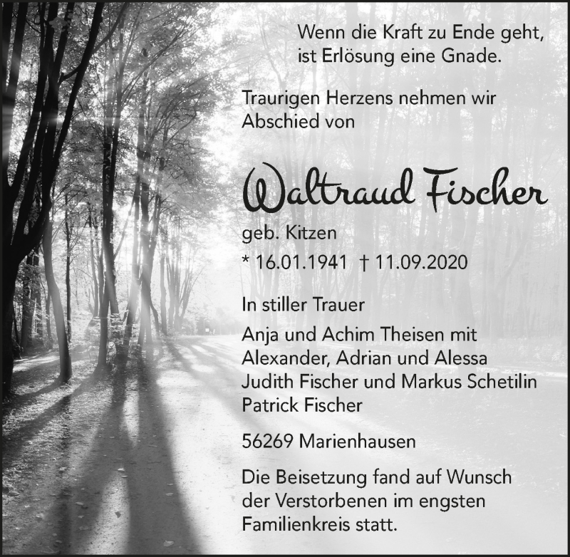 Traueranzeige für Waltraud Fischer vom 25.09.2020 aus  Bergisches Handelsblatt 