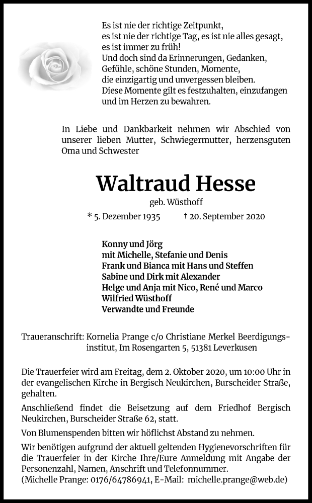  Traueranzeige für Waltraud Hesse vom 26.09.2020 aus Kölner Stadt-Anzeiger / Kölnische Rundschau / Express