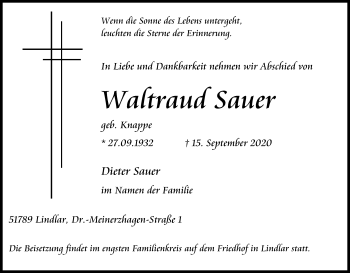 Anzeige von Waltraud Sauer von Kölner Stadt-Anzeiger / Kölnische Rundschau / Express