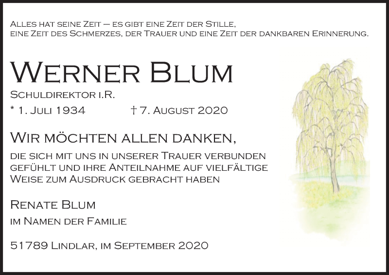  Traueranzeige für Werner Blum vom 19.09.2020 aus Kölner Stadt-Anzeiger / Kölnische Rundschau / Express