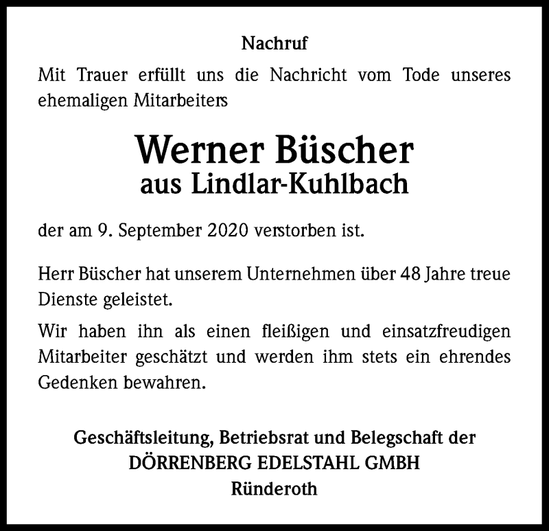  Traueranzeige für Werner Büscher vom 18.09.2020 aus Kölner Stadt-Anzeiger / Kölnische Rundschau / Express