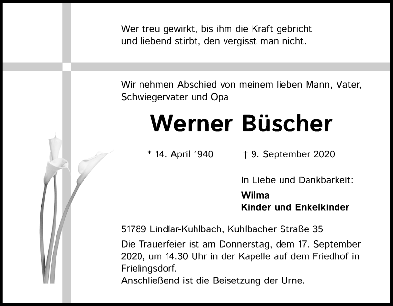  Traueranzeige für Werner Büscher vom 12.09.2020 aus Kölner Stadt-Anzeiger / Kölnische Rundschau / Express