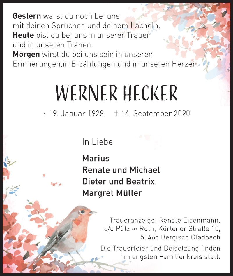  Traueranzeige für Werner Hecker vom 19.09.2020 aus Kölner Stadt-Anzeiger / Kölnische Rundschau / Express