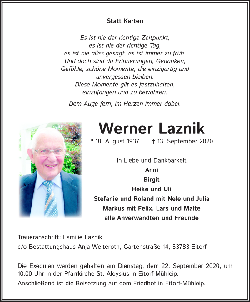  Traueranzeige für Werner Laznik vom 19.09.2020 aus Kölner Stadt-Anzeiger / Kölnische Rundschau / Express