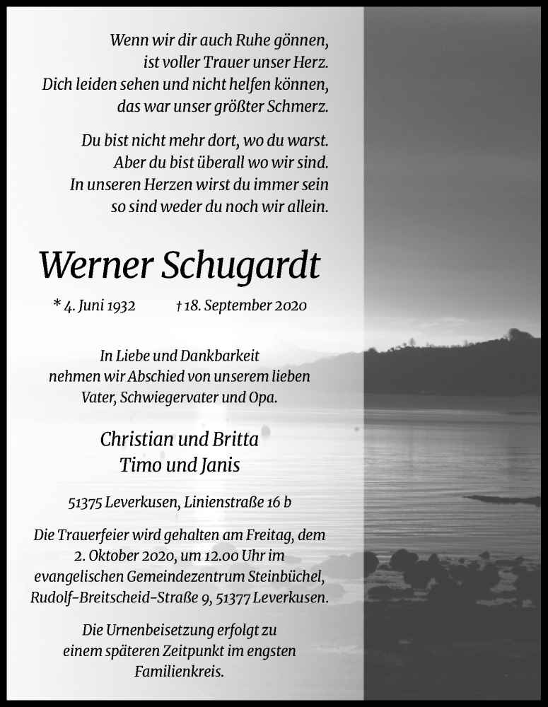  Traueranzeige für Werner Schugardt vom 26.09.2020 aus Kölner Stadt-Anzeiger / Kölnische Rundschau / Express
