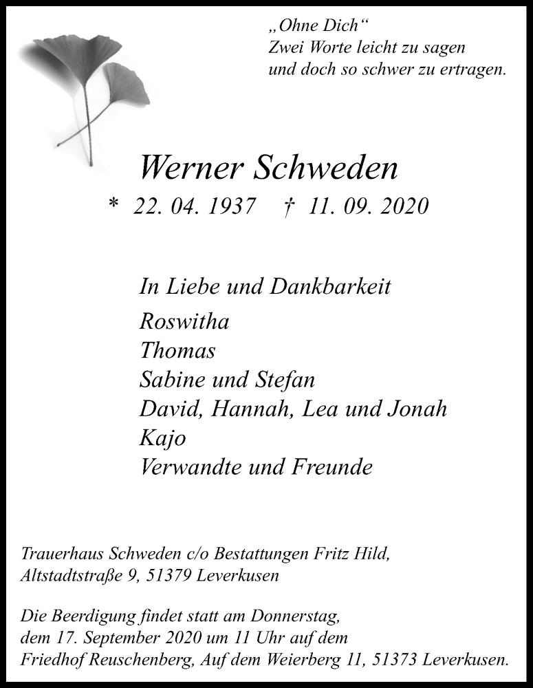  Traueranzeige für Werner Schweden vom 16.09.2020 aus Kölner Stadt-Anzeiger / Kölnische Rundschau / Express