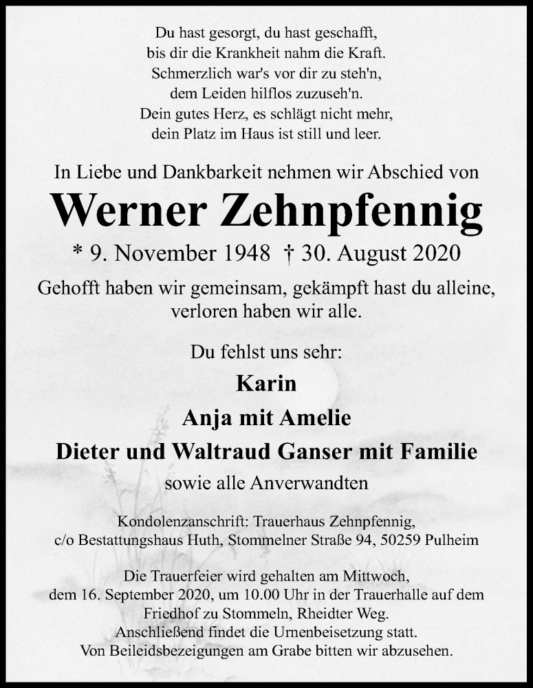  Traueranzeige für Werner Zehnpfennig vom 05.09.2020 aus Kölner Stadt-Anzeiger / Kölnische Rundschau / Express