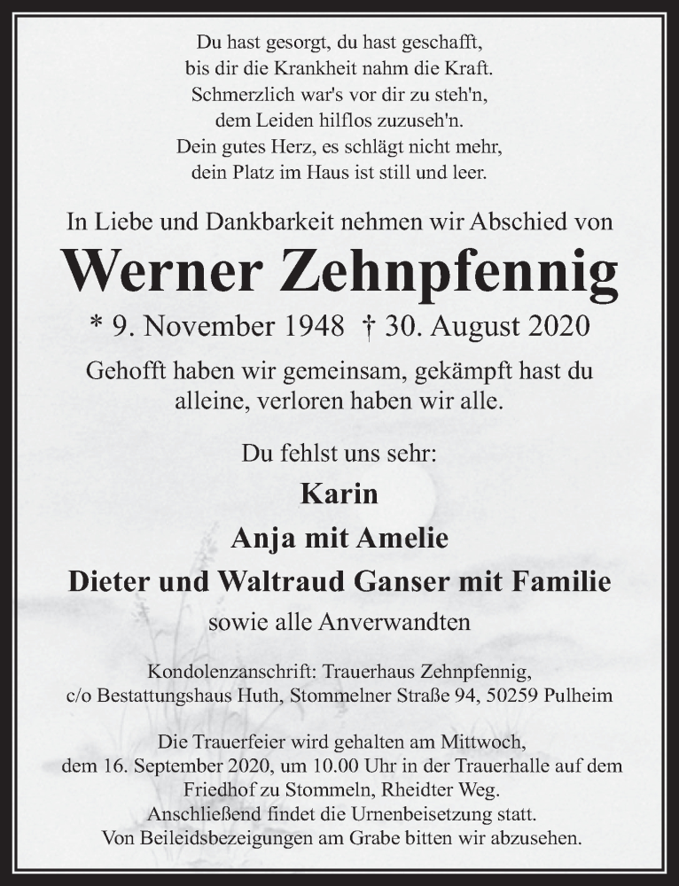  Traueranzeige für Werner Zehnpfennig vom 04.09.2020 aus  Wochenende 