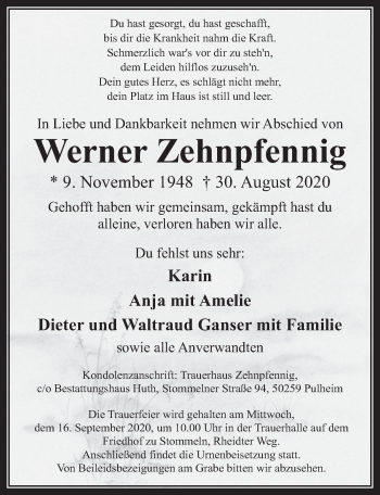 Anzeige von Werner Zehnpfennig von  Wochenende 