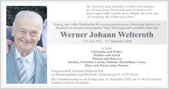 Anzeige von Werner Johann Welteroth von Kölner Stadt-Anzeiger / Kölnische Rundschau / Express
