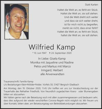 Anzeige von Wilfried Kamp von  Bergisches Handelsblatt 