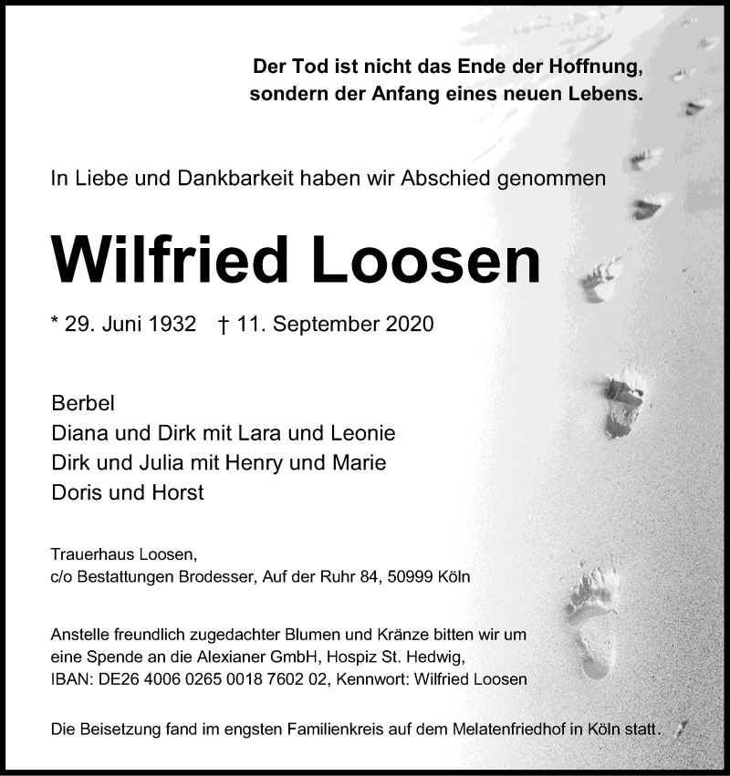  Traueranzeige für Wilfried Loosen vom 19.09.2020 aus Kölner Stadt-Anzeiger / Kölnische Rundschau / Express