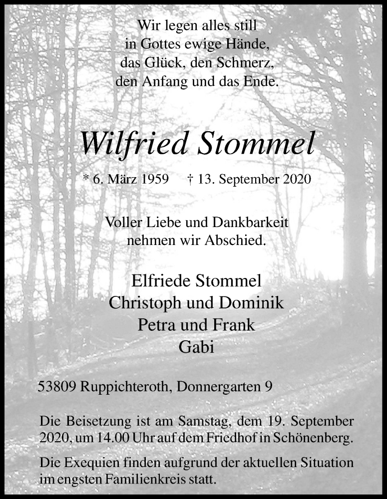  Traueranzeige für Wilfried Stommel vom 17.09.2020 aus Kölner Stadt-Anzeiger / Kölnische Rundschau / Express