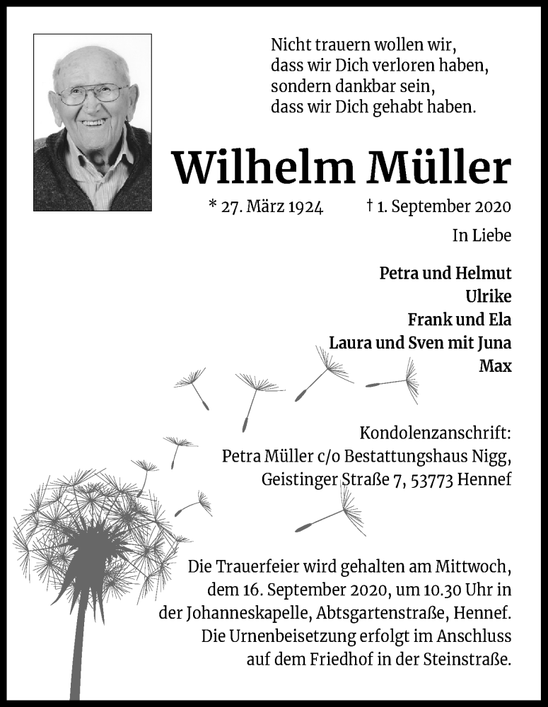  Traueranzeige für Wilhelm Müller vom 12.09.2020 aus Kölner Stadt-Anzeiger / Kölnische Rundschau / Express