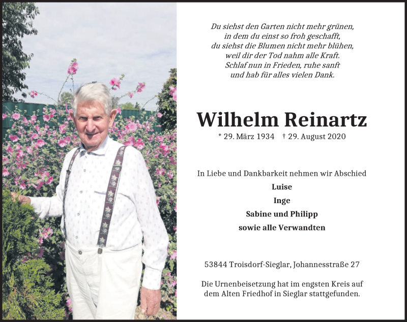  Traueranzeige für Wilhelm Reinartz vom 19.09.2020 aus Kölner Stadt-Anzeiger / Kölnische Rundschau / Express