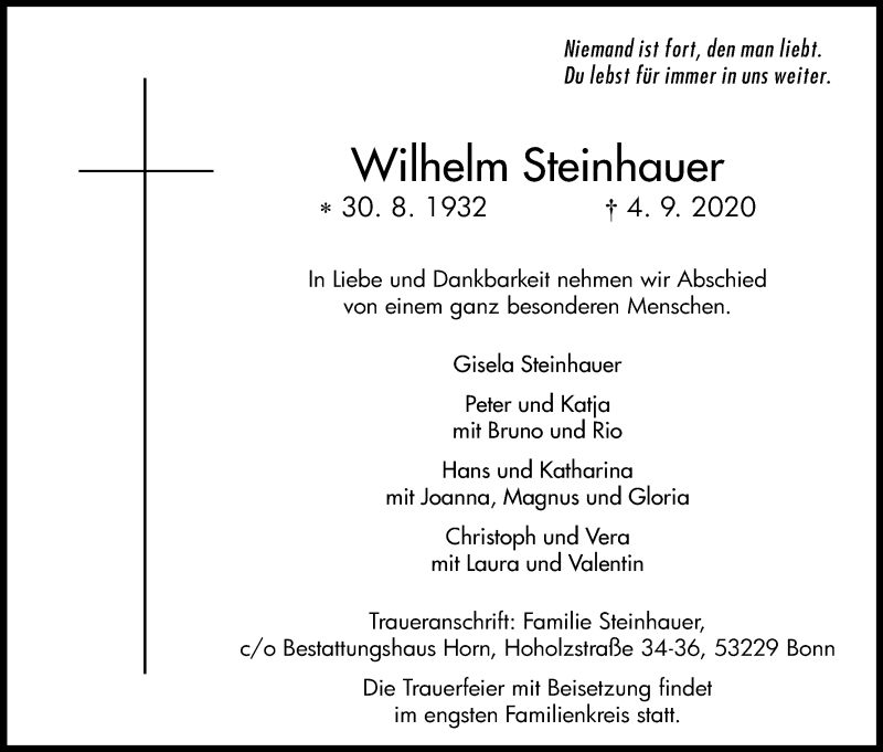  Traueranzeige für Wilhelm Steinhauer vom 12.09.2020 aus Kölner Stadt-Anzeiger / Kölnische Rundschau / Express