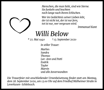 Anzeige von Willi Below von Kölner Stadt-Anzeiger / Kölnische Rundschau / Express