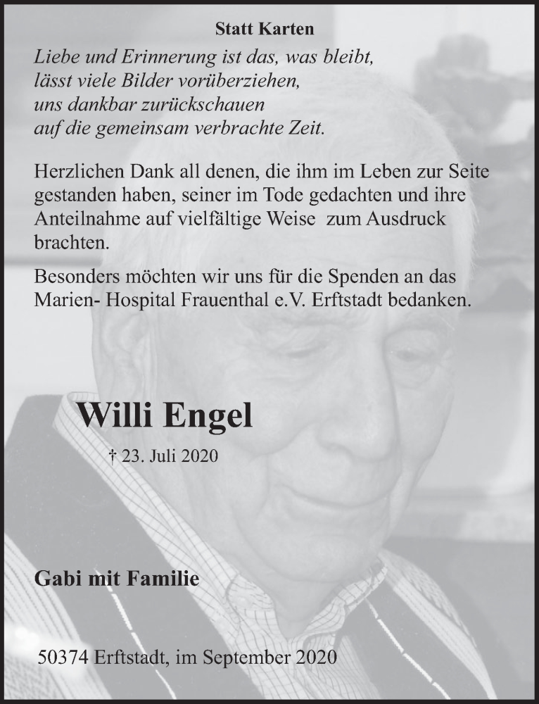  Traueranzeige für Willi Engel vom 11.09.2020 aus  Werbepost 