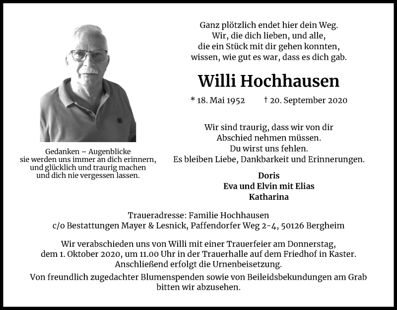  Traueranzeige für Willi Hochhausen vom 26.09.2020 aus Kölner Stadt-Anzeiger / Kölnische Rundschau / Express
