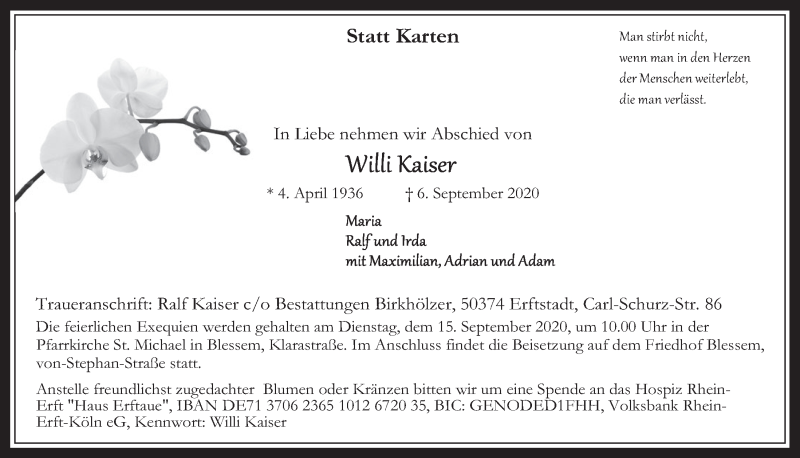  Traueranzeige für Willi Kaiser vom 11.09.2020 aus  Werbepost 