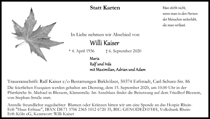  Traueranzeige für Willi Kaiser vom 12.09.2020 aus Kölner Stadt-Anzeiger / Kölnische Rundschau / Express