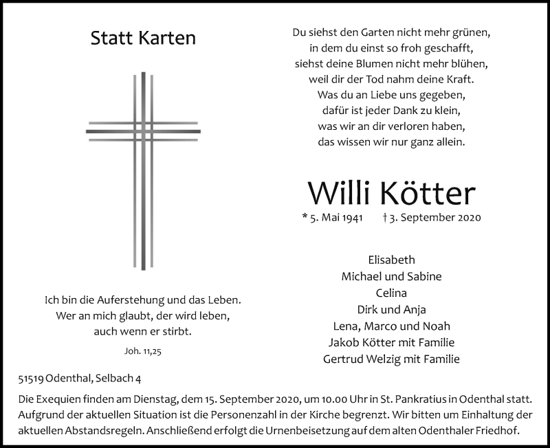  Traueranzeige für Willi Kötter vom 12.09.2020 aus Kölner Stadt-Anzeiger / Kölnische Rundschau / Express
