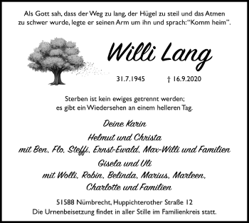 Anzeige von Willi Lang von  Lokalanzeiger 
